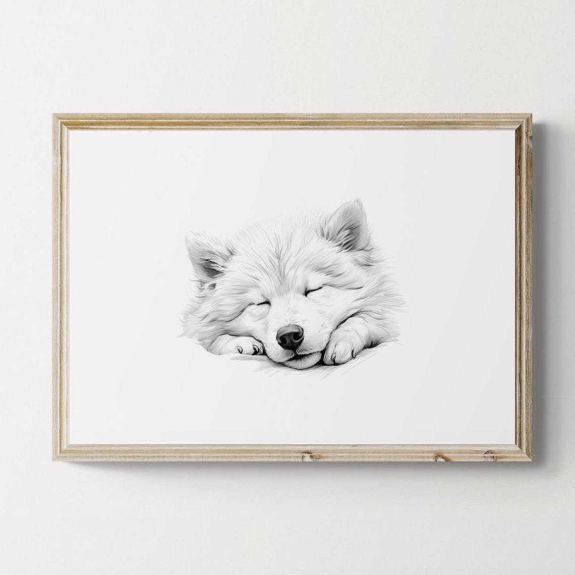 Sleeping Samoyed Puppy Fluffy White Dog Pencil Sketch Farmhouse Print