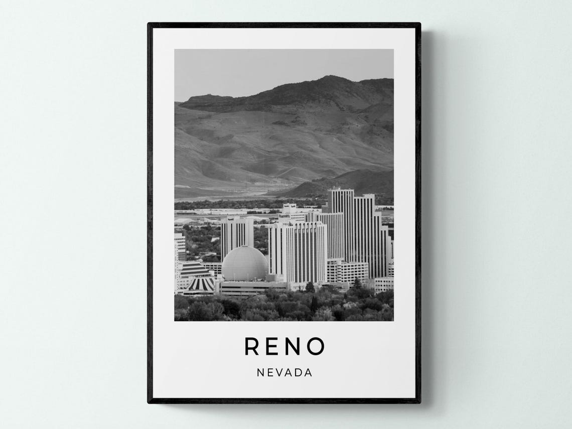 Reno Nevada Downtown Skyline Mountain View Black And White Poster