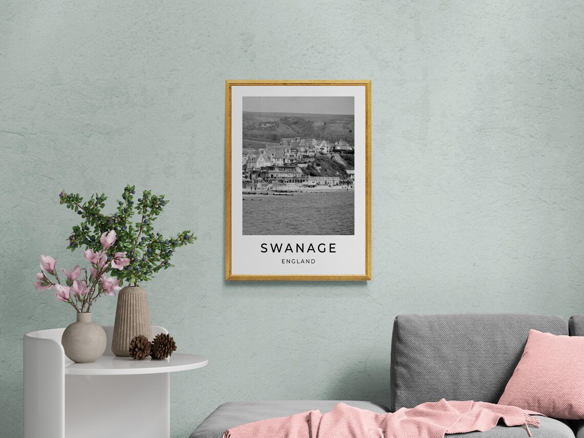 Swanage England Black White Monochrome Seaside Town Travel Poster - Image 2