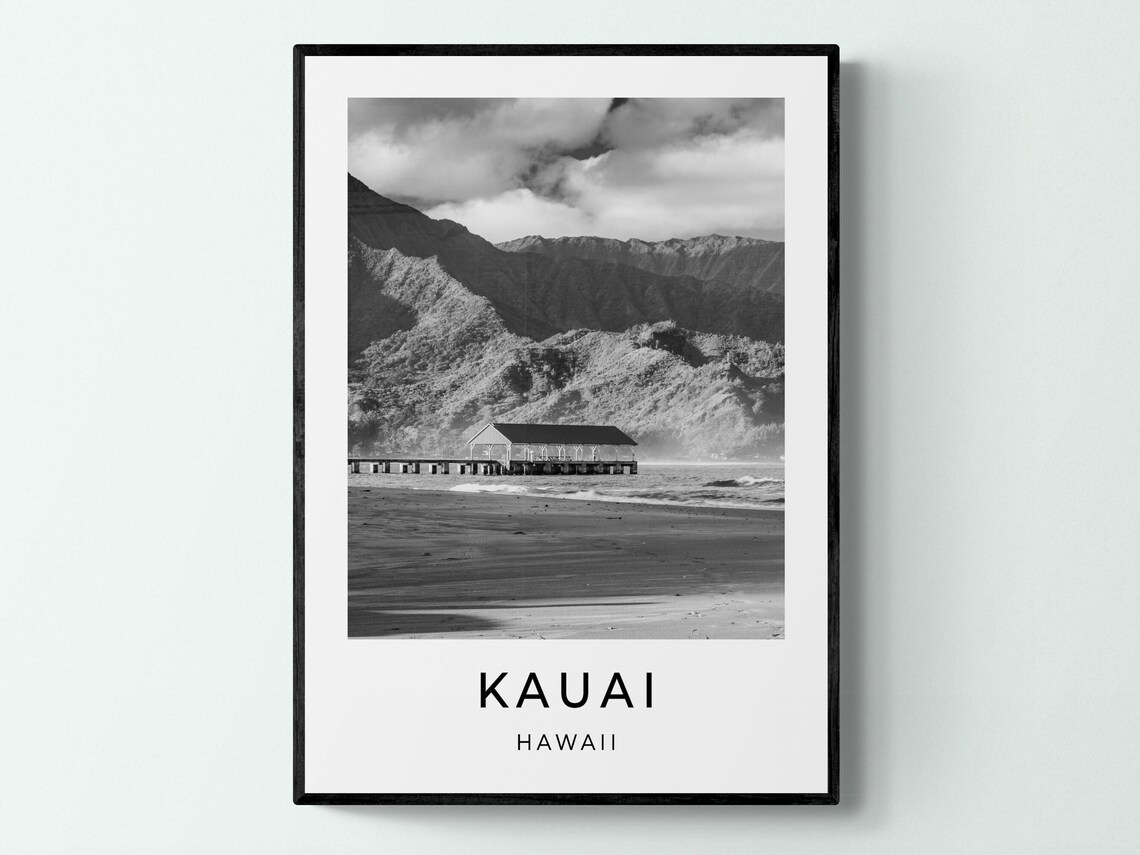Kauai Hawaii Ocean Pier Mountains Monochrome Travel Photo Poster