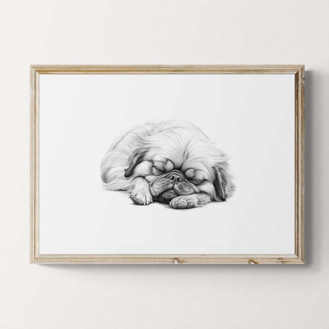 Pekingese Sleeping Vintage Pencil Sketch Dog Breed Monochrome Wall Art