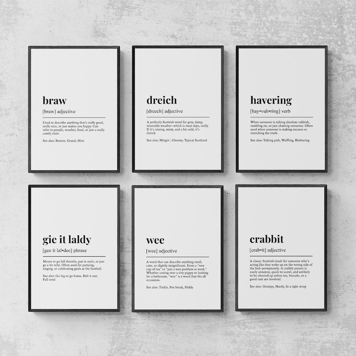Scottish Dialect Funny Definitions, Set of 6 Prints