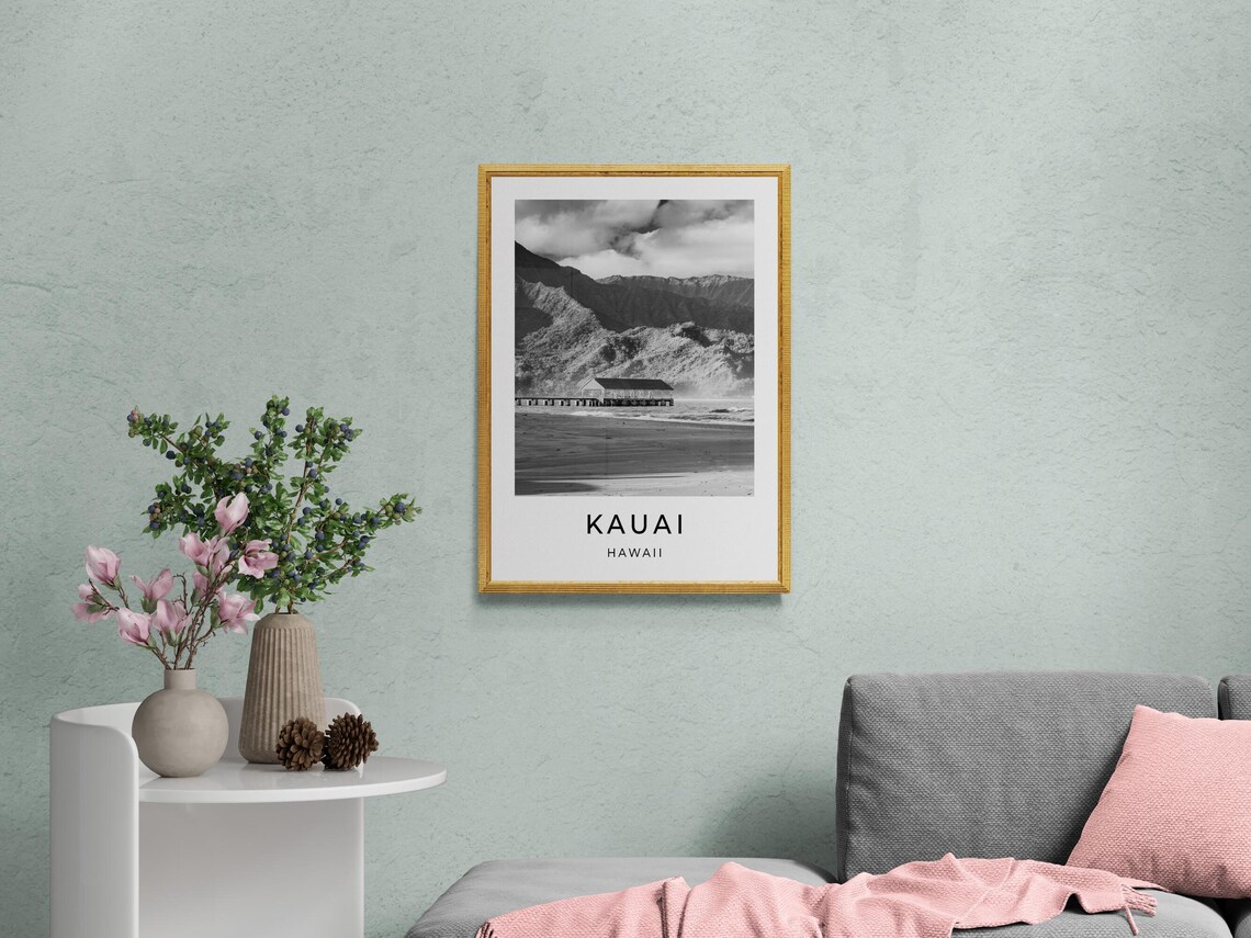 Kauai Hawaii Ocean Pier Mountains Monochrome Travel Photo Poster - Image 2
