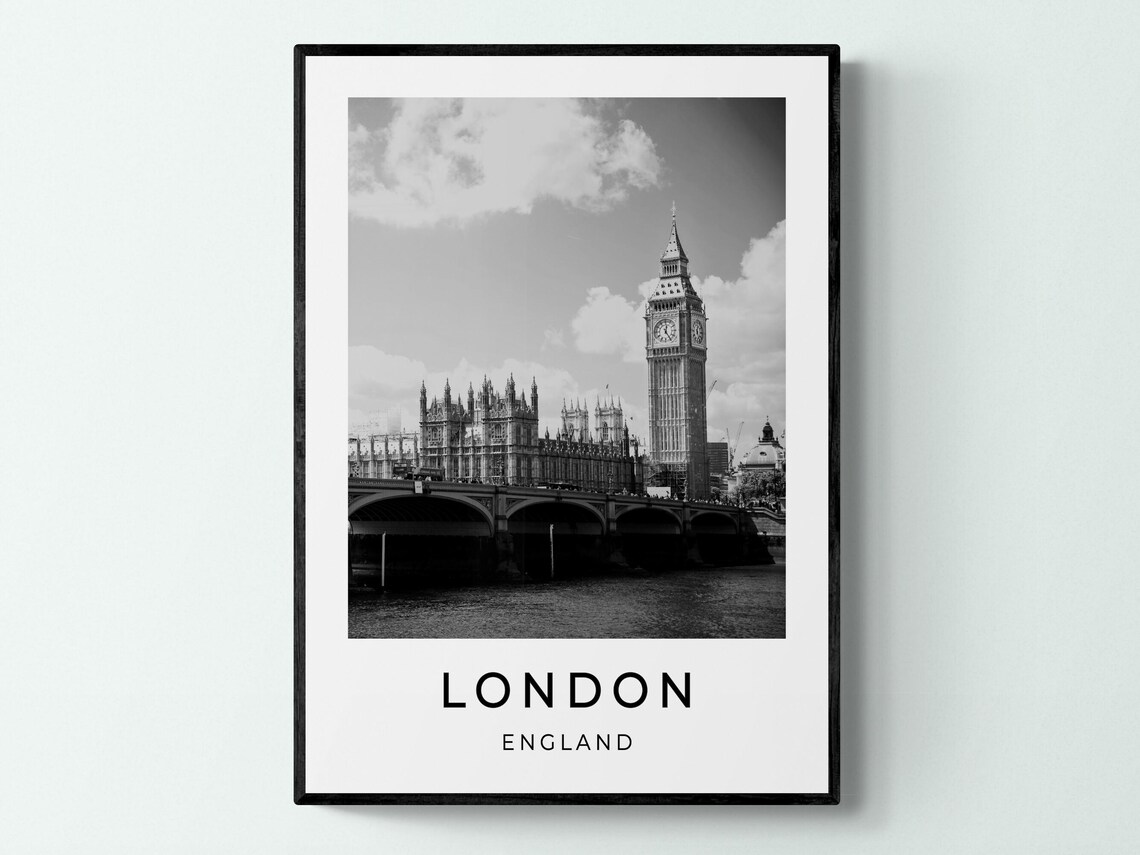 London England Big Ben Parliament Bridge Black And White Travel Poster