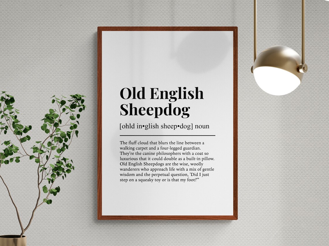 Old English Sheepdog Dog Dictionary Definition Black White Poster - Image 3