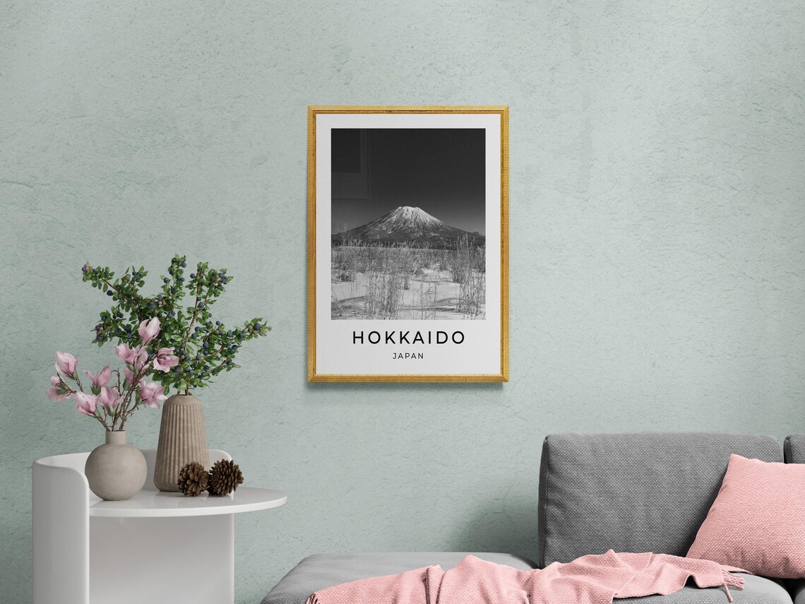 Hokkaido Japan Snow Capped Volcano Winter Landscape Black White Poster - Image 2