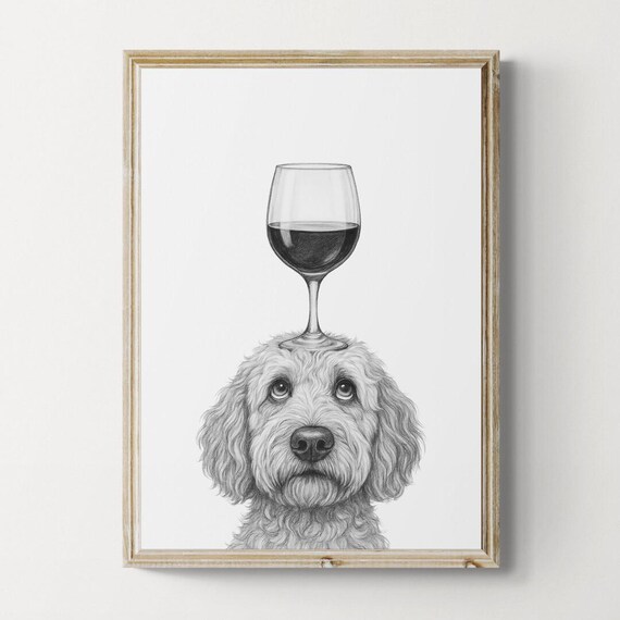 Goldendoodle Dog Art Print Funny And Wine Drawing Lover Wall Decor Lovers Gifts