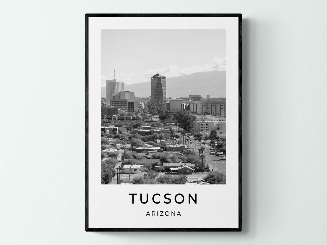 Tucson Arizona Downtown Skyline Desert Mountains Monochrome Poster
