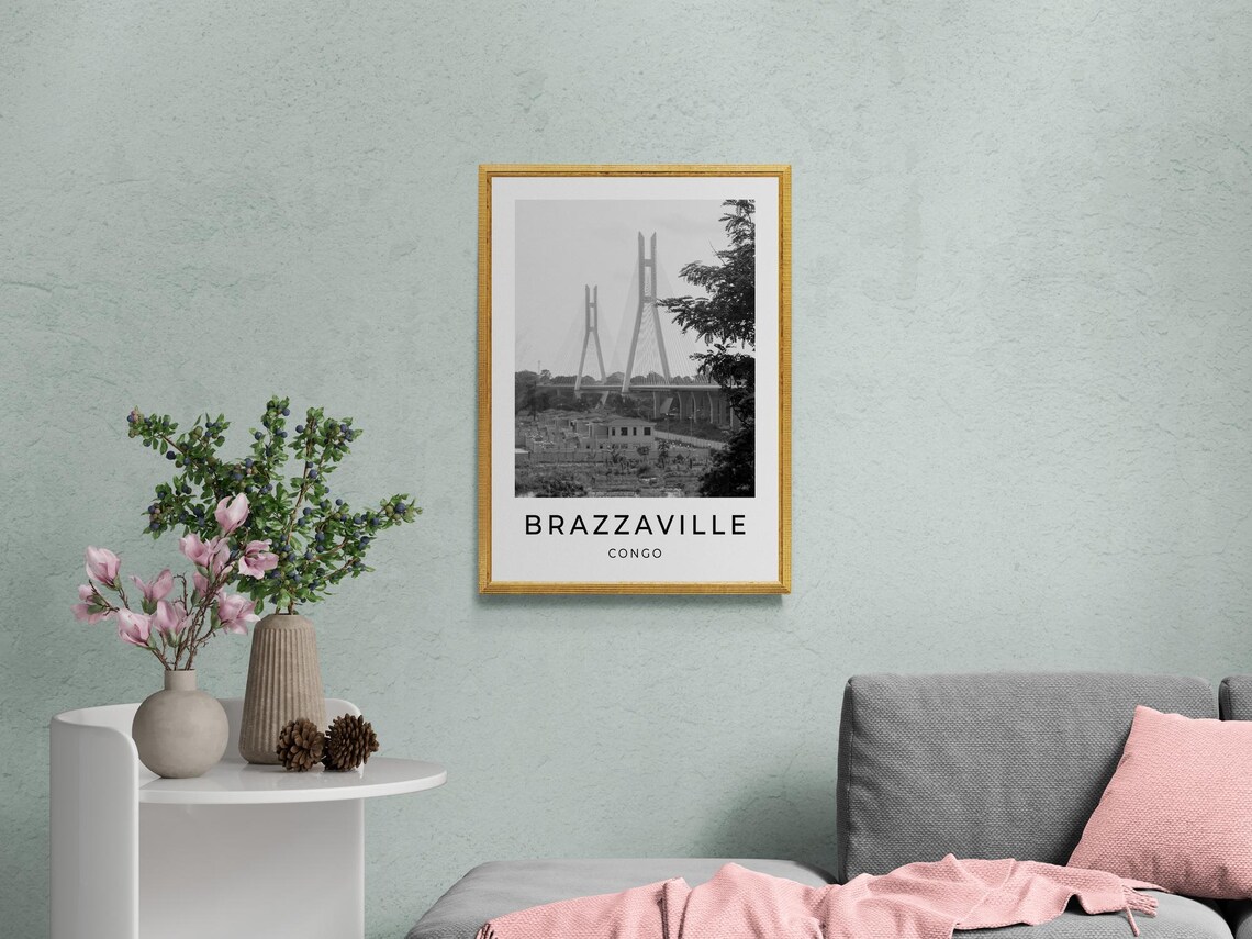 Brazzaville Congo Cable Stayed Bridge Pylons Monochrome Travel Poster - Image 2
