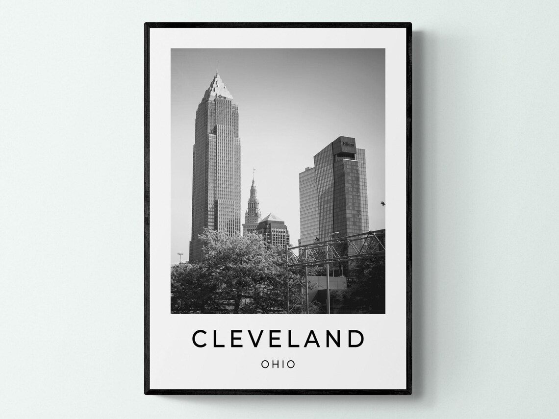 Cleveland Ohio Downtown Key Tower Skyline Monochrome Travel Poster