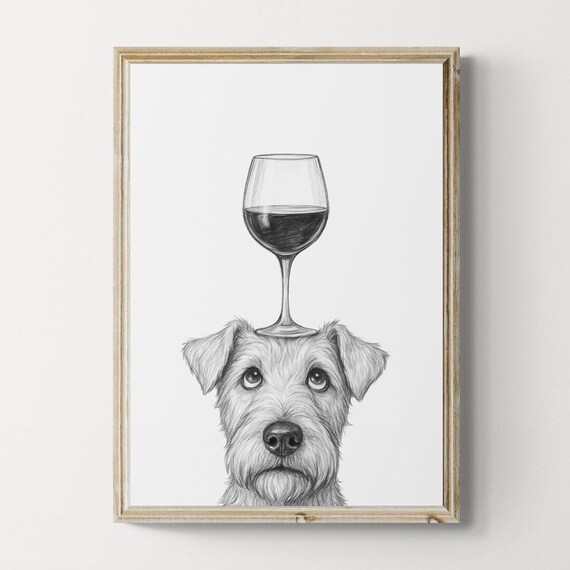 Lakeland Terrier Dog Art Print Funny And Wine Drawing Lover Wall Decor Lovers Gifts