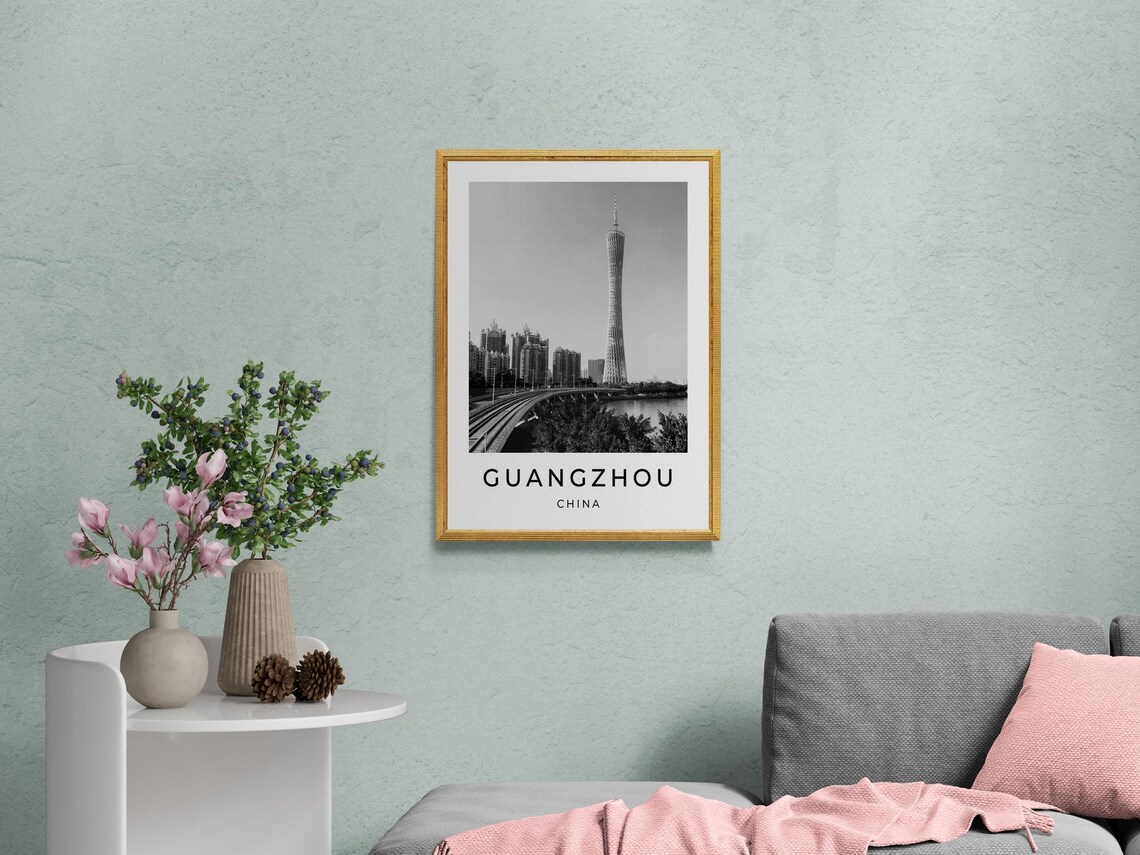 Guangzhou China Canton Tower Skyline Bridge Black White Print - Image 2