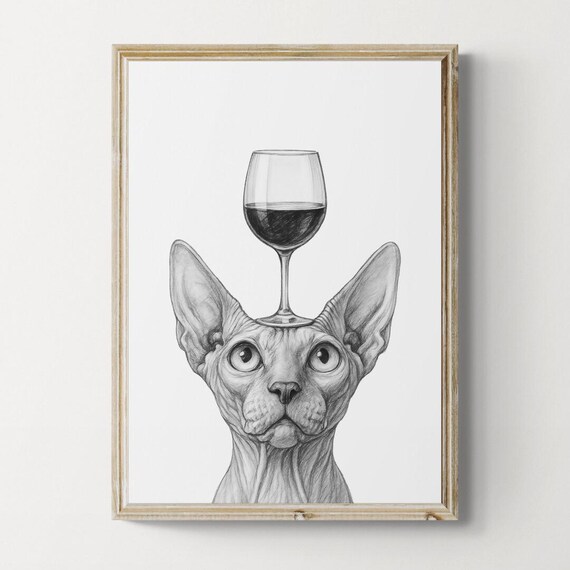 Sphynx Cat Balancing Wine Glass Quirky Hairless Cat Sketch Poster