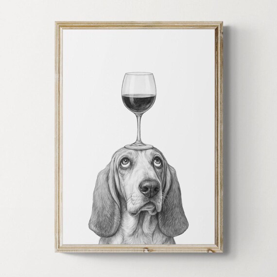 Basset Hound Dog Art Print Funny And Wine Drawing Lover Wall Decor Lovers Gifts