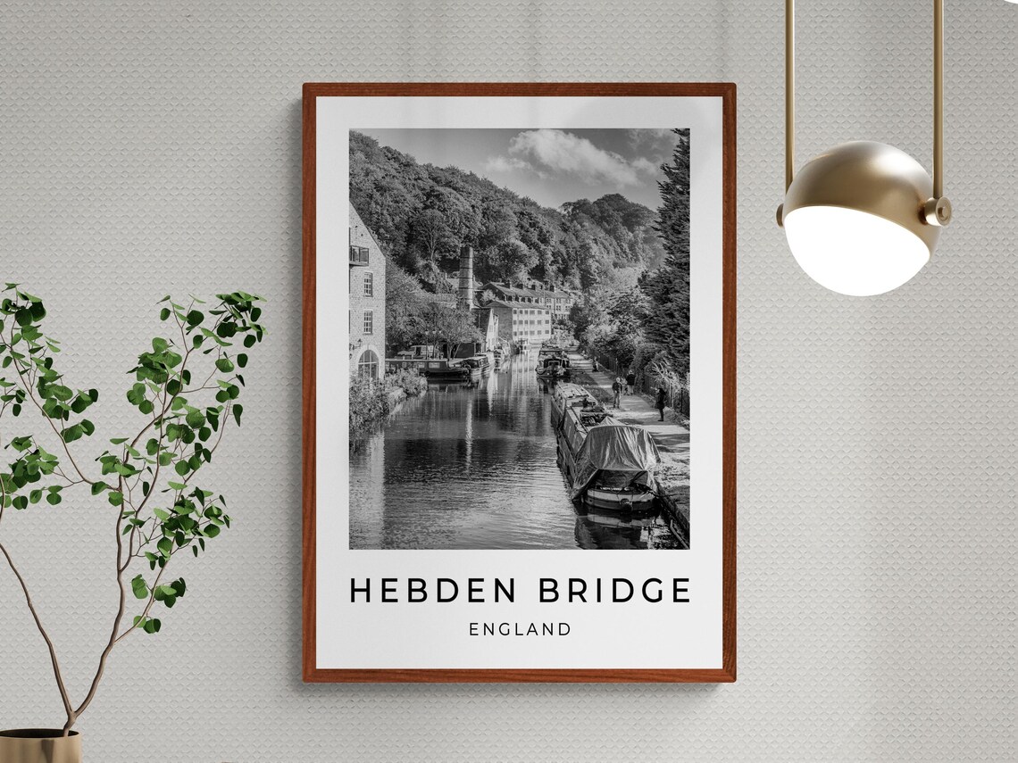 Hebden Bridge England Canal Narrowboats Black And White Travel Poster - Image 3