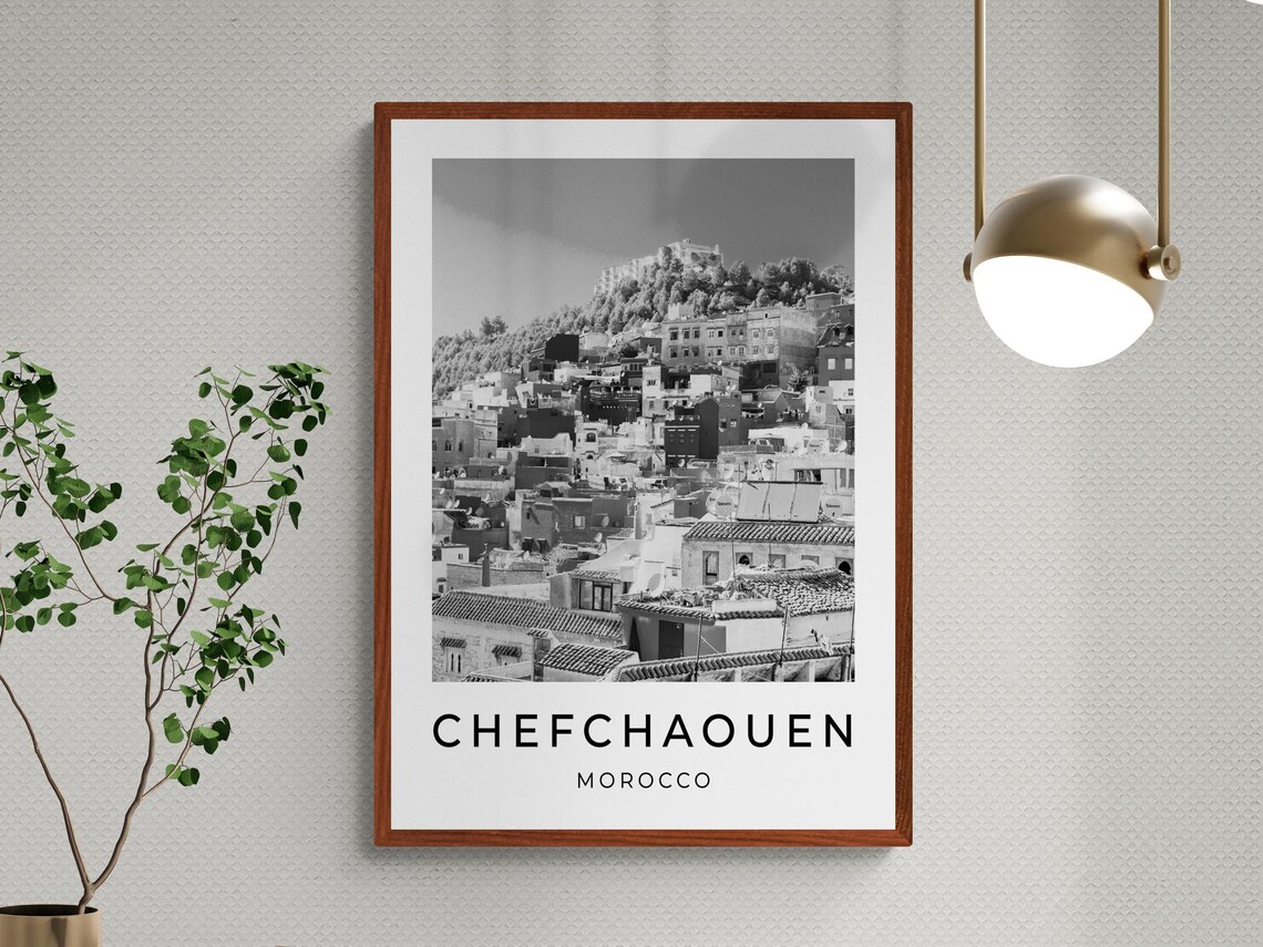 Chefchaouen Morocco Hillside Medina Rooftops Black White Travel Poster - Image 3