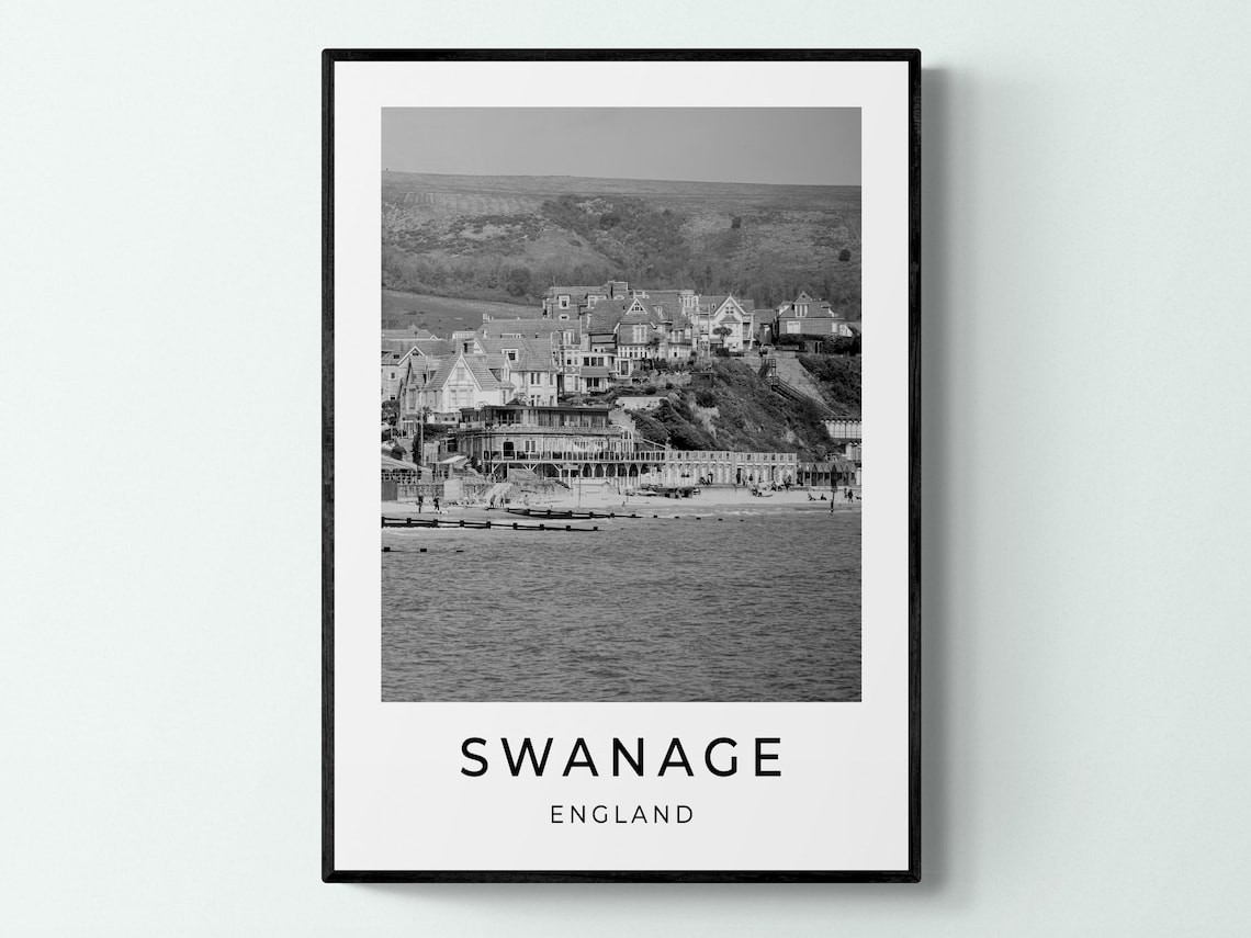 Swanage England Black White Monochrome Seaside Town Travel Poster