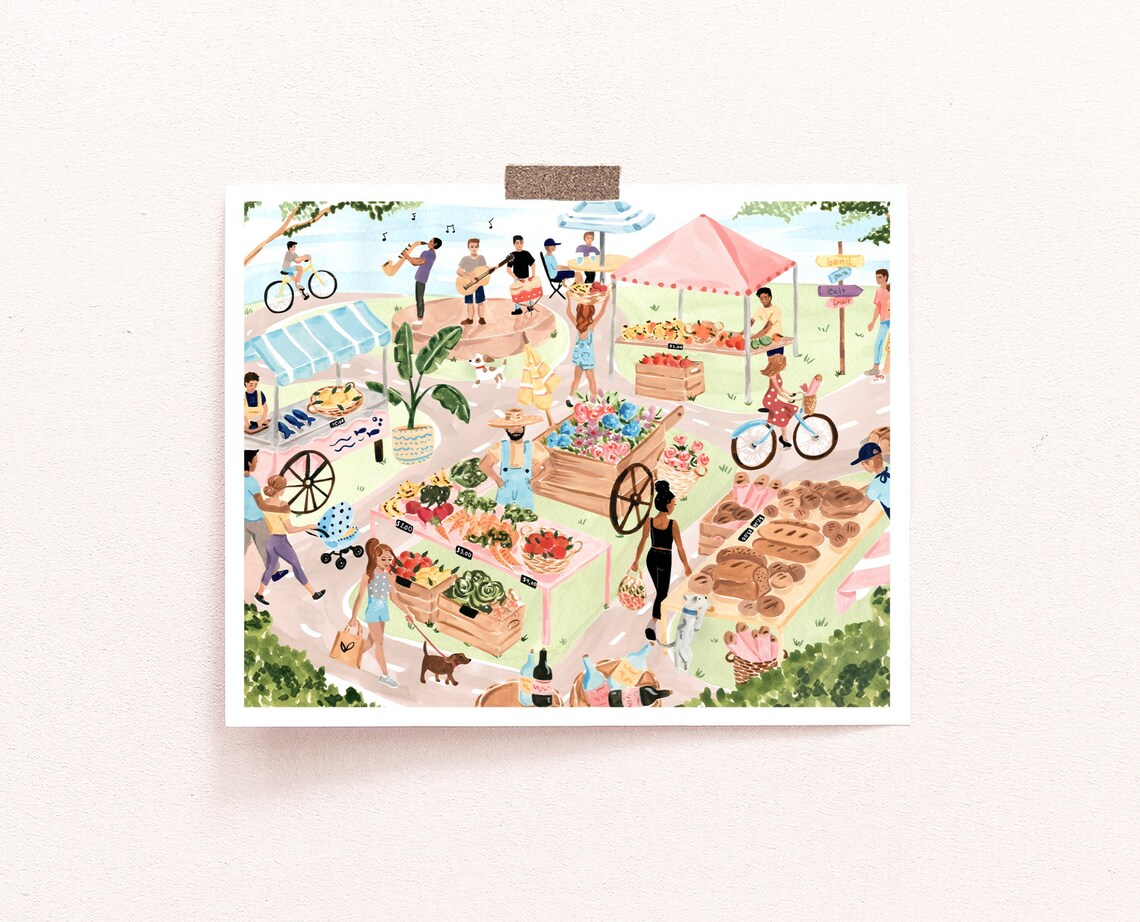 Farmers Market Stalls Musicians Bustling Village Watercolor Art Poster - Image 3