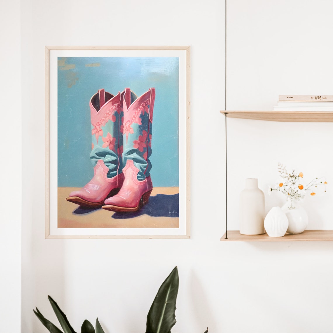 Pink And Turquoise Floral Cowboy Boots Western Style Art Poster - Image 2