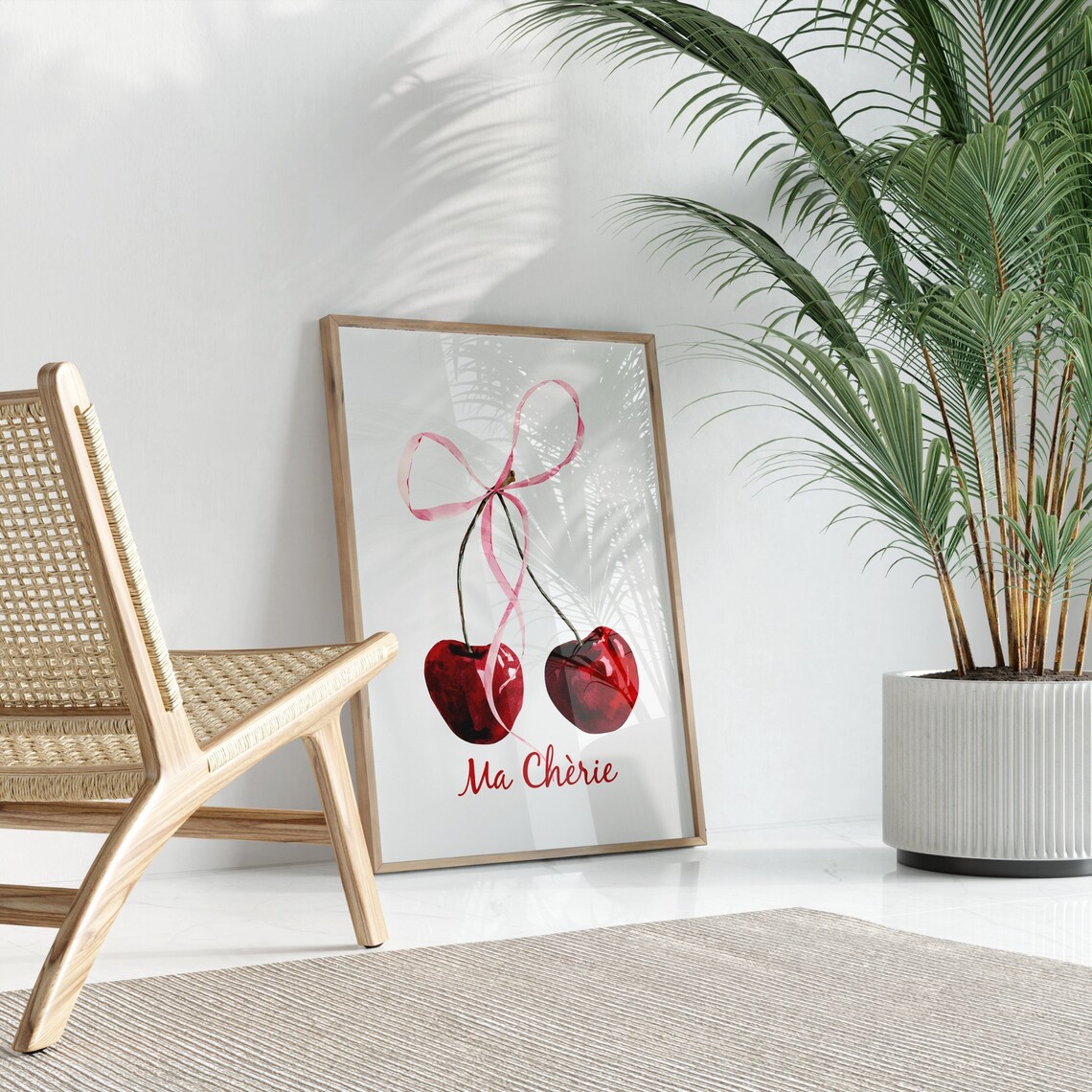 Ma Cherie Watercolor Cherry Art With Pink Bow Coquette Poster - Image 3