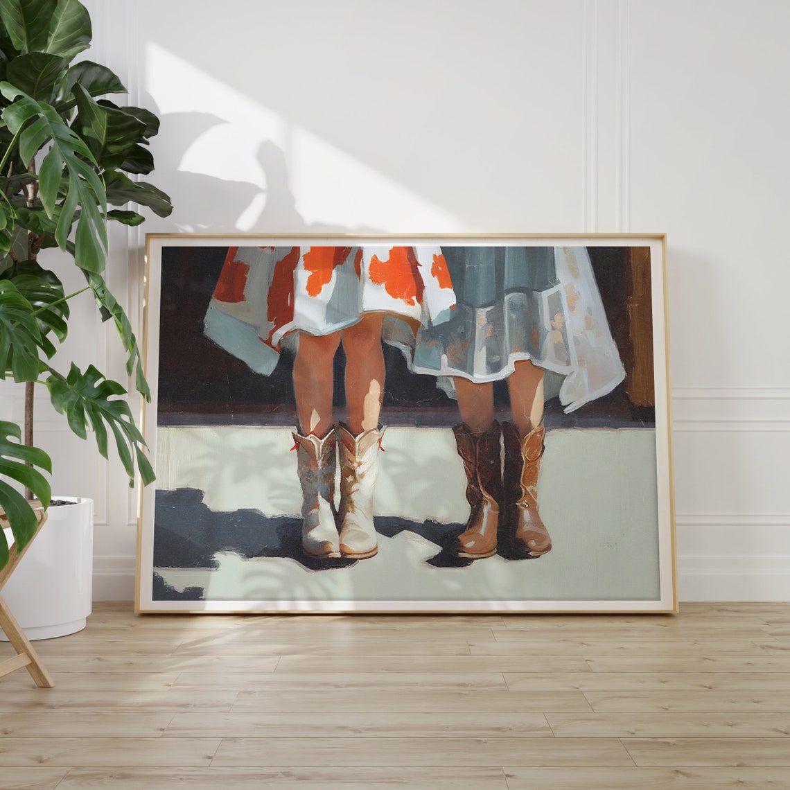 Two Cowgirls Red Floral And Blue Dresses Boots Night Scene Poster