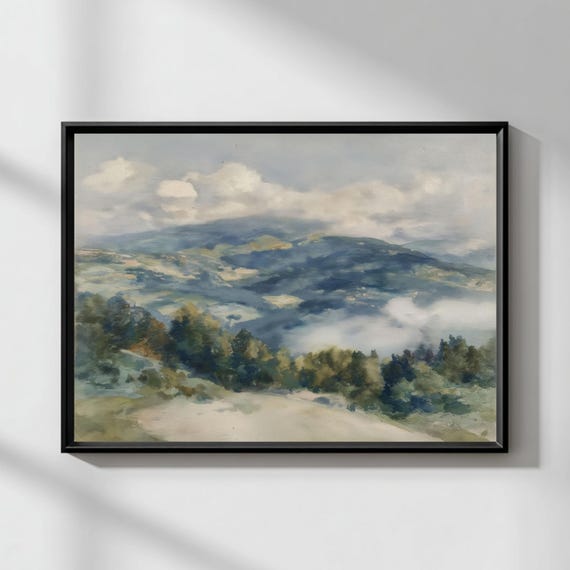 Misty Mountain Wall Art Calm Blue Landscape Neutral Nature Print