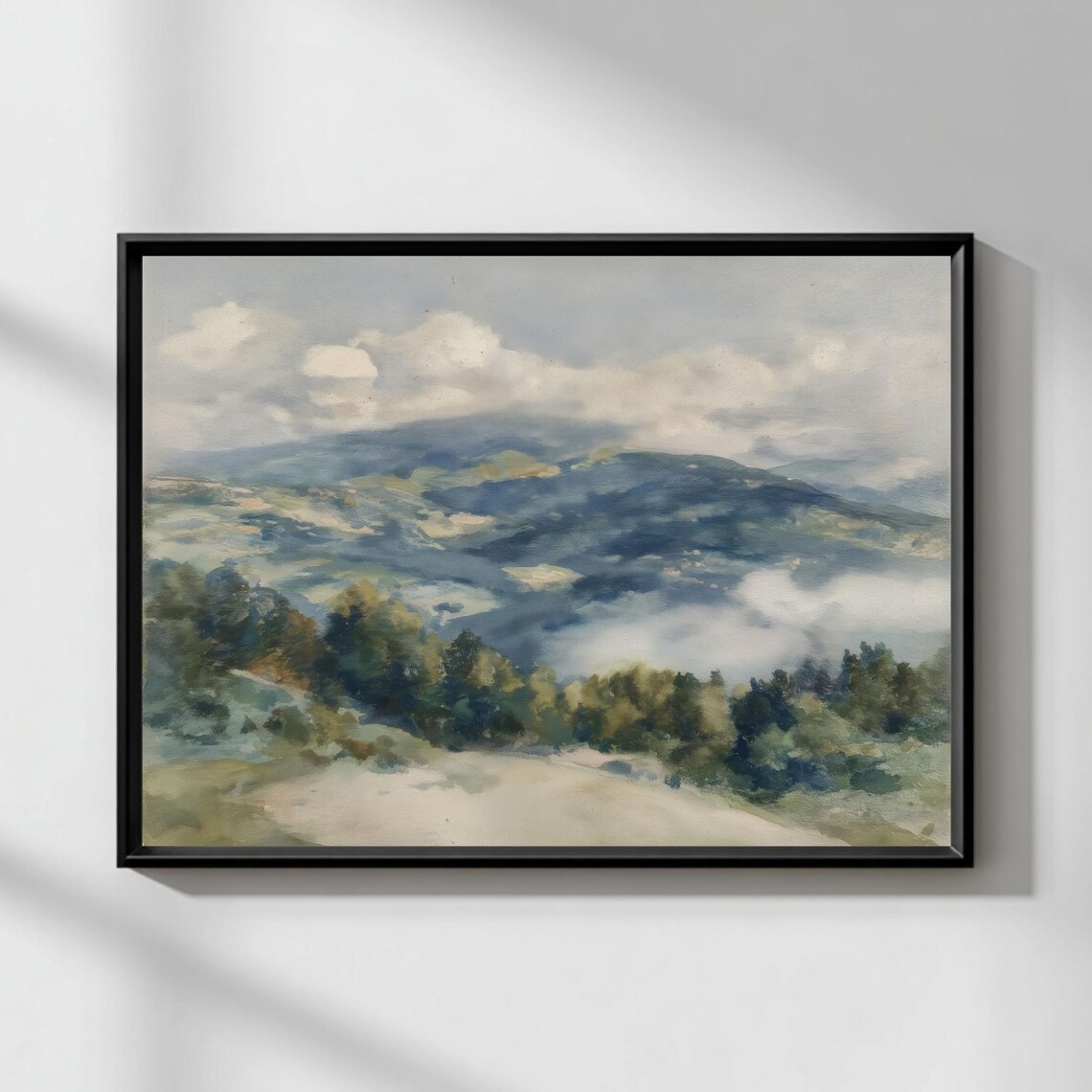 Misty Blue Mountain Watercolor Landscape Serene Nature Poster