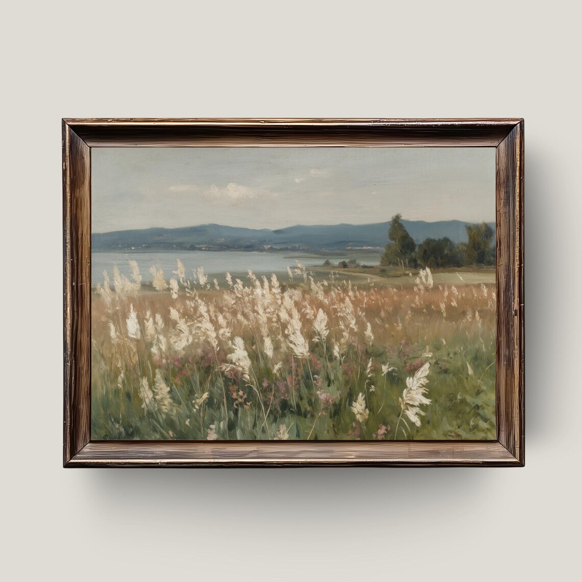 Golden Meadow Grasses Lakeside Vintage Oil Landscape Art Print