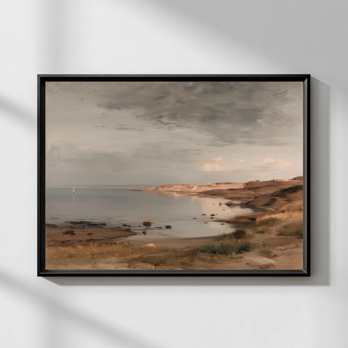 Serene Golden Coastal Horizon Seascape Painting Neutral Wall Art
