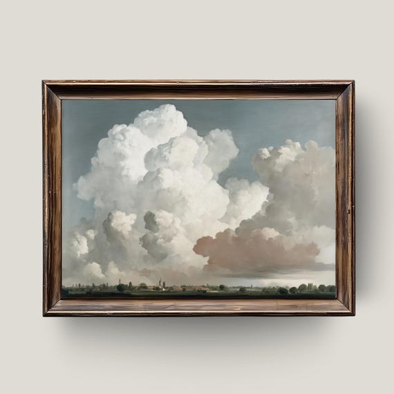 Vintage Farmhouse Sky Painting Towering Clouds Landscape Art