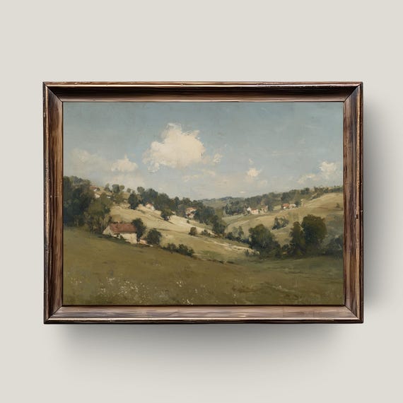 Farmhouse Landscape Oil Painting Print Rustic Green Valley