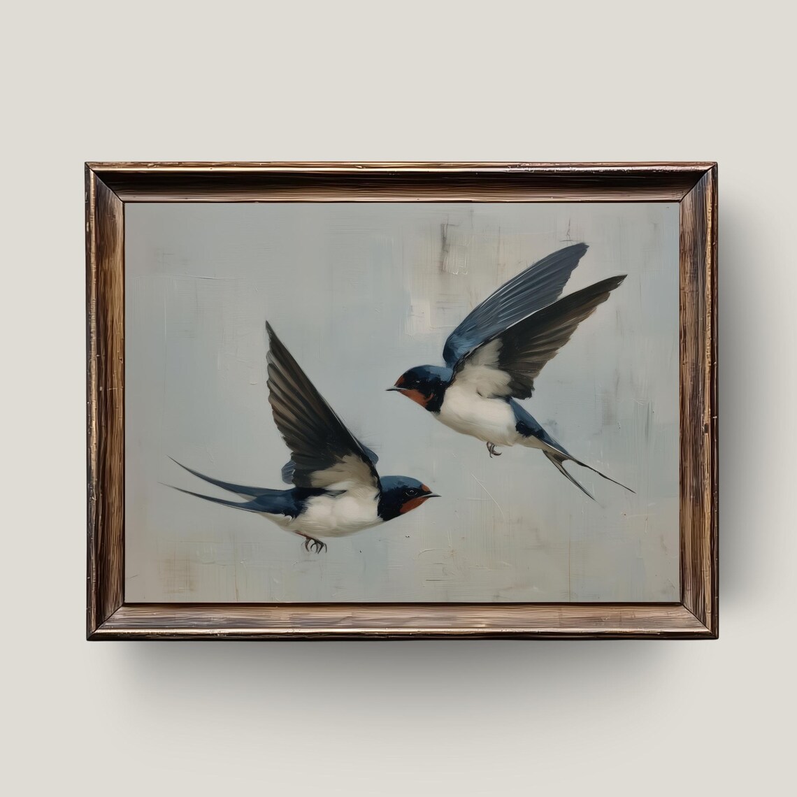 Two Swallows in Flight Minimalist Bird Painting Neutral Wall Art