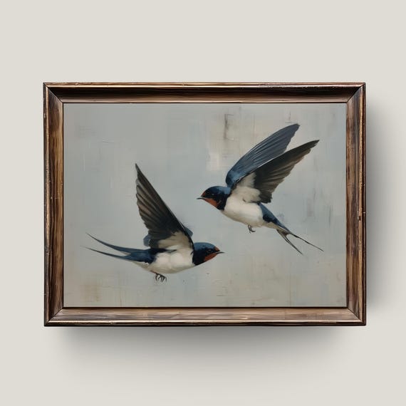Flight Of Two Swallows Art Minimalist Bird Painting Neutral Tones