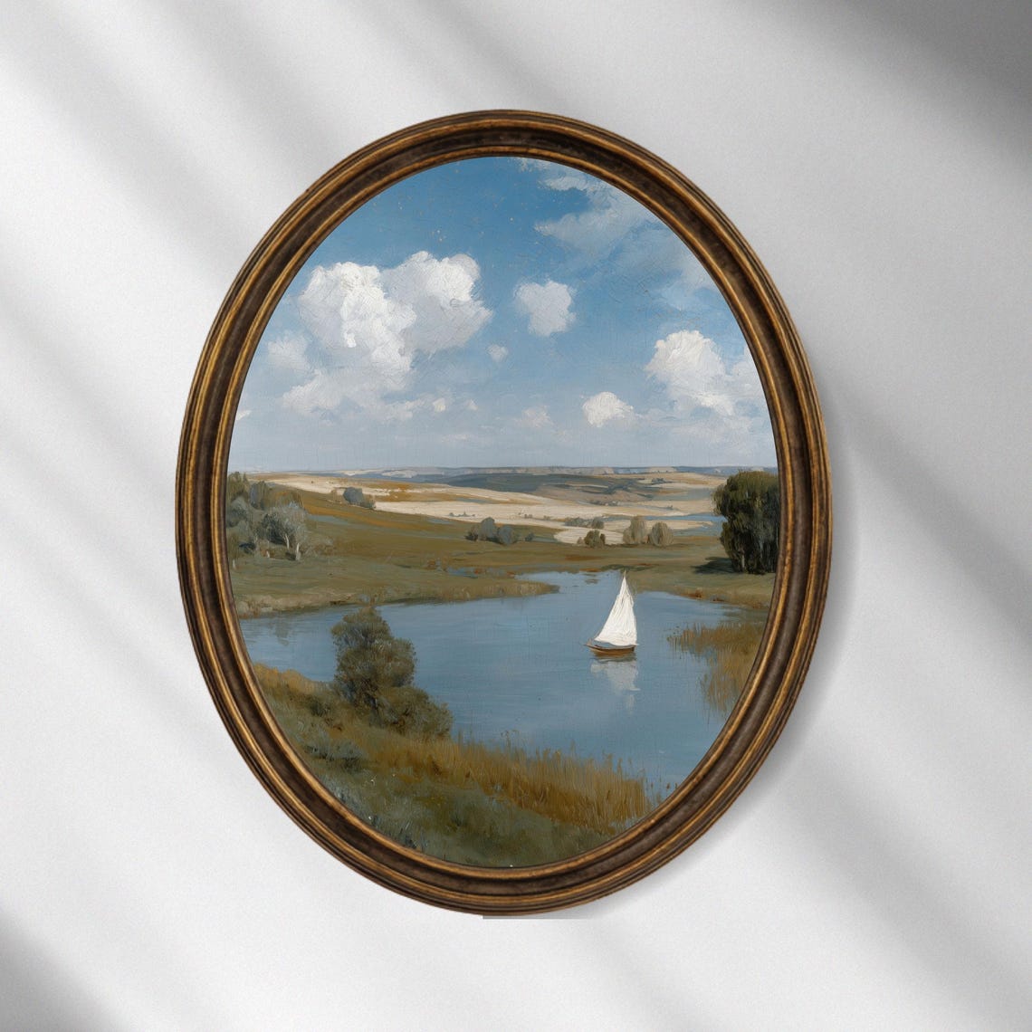 Summer River Sailboat Poster Oval Gold Frame Pastoral Scene Art