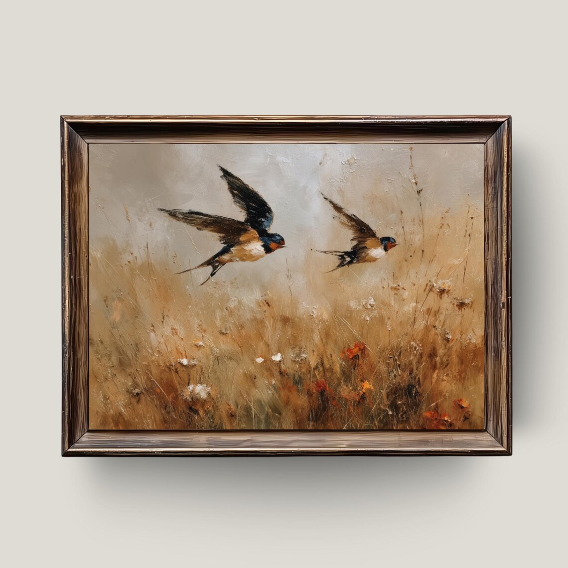 Two Swallows Flying Over Golden Meadow Vintage Bird Painting Poster