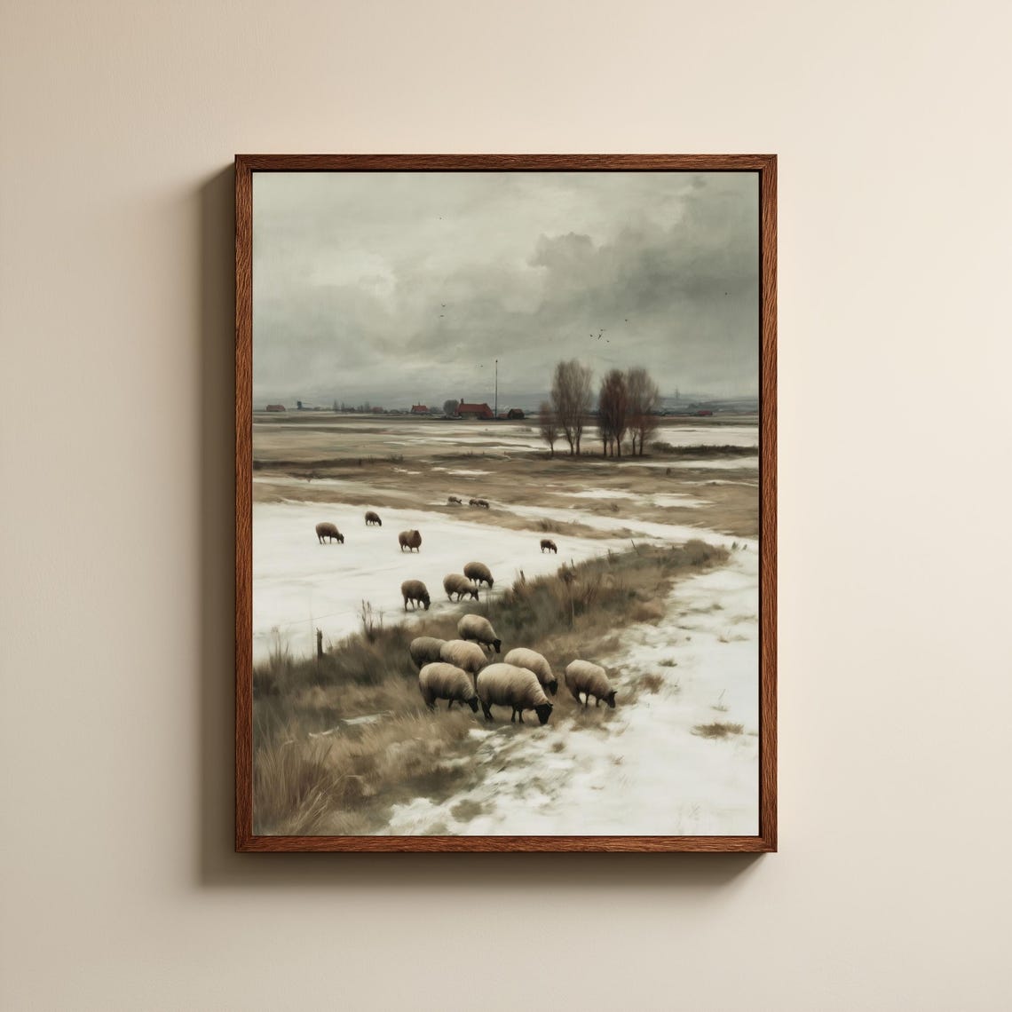 Sheep Grazing Snowy Winter Farm Field Rustic Painting Style Print