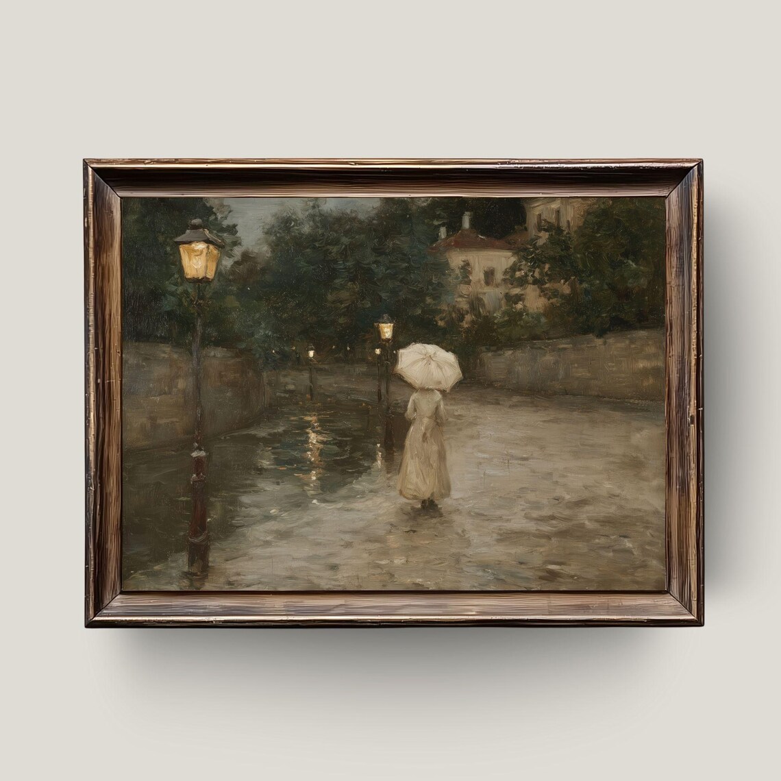 Rainy Evening City Street Vintage Impressionist Painting Lamppost Glow Poster