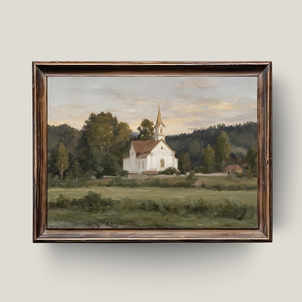 White Church Countryside Art Print, Rustic Chapel Faith