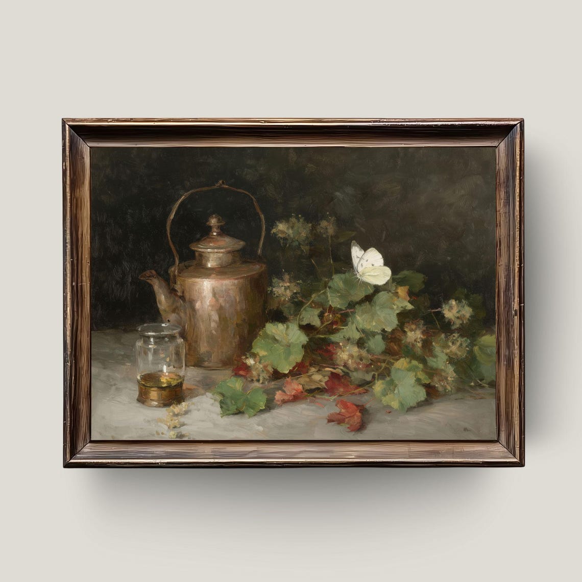 Vintage Copper Kettle Butterfly Still Life Dark Oil Painting Print