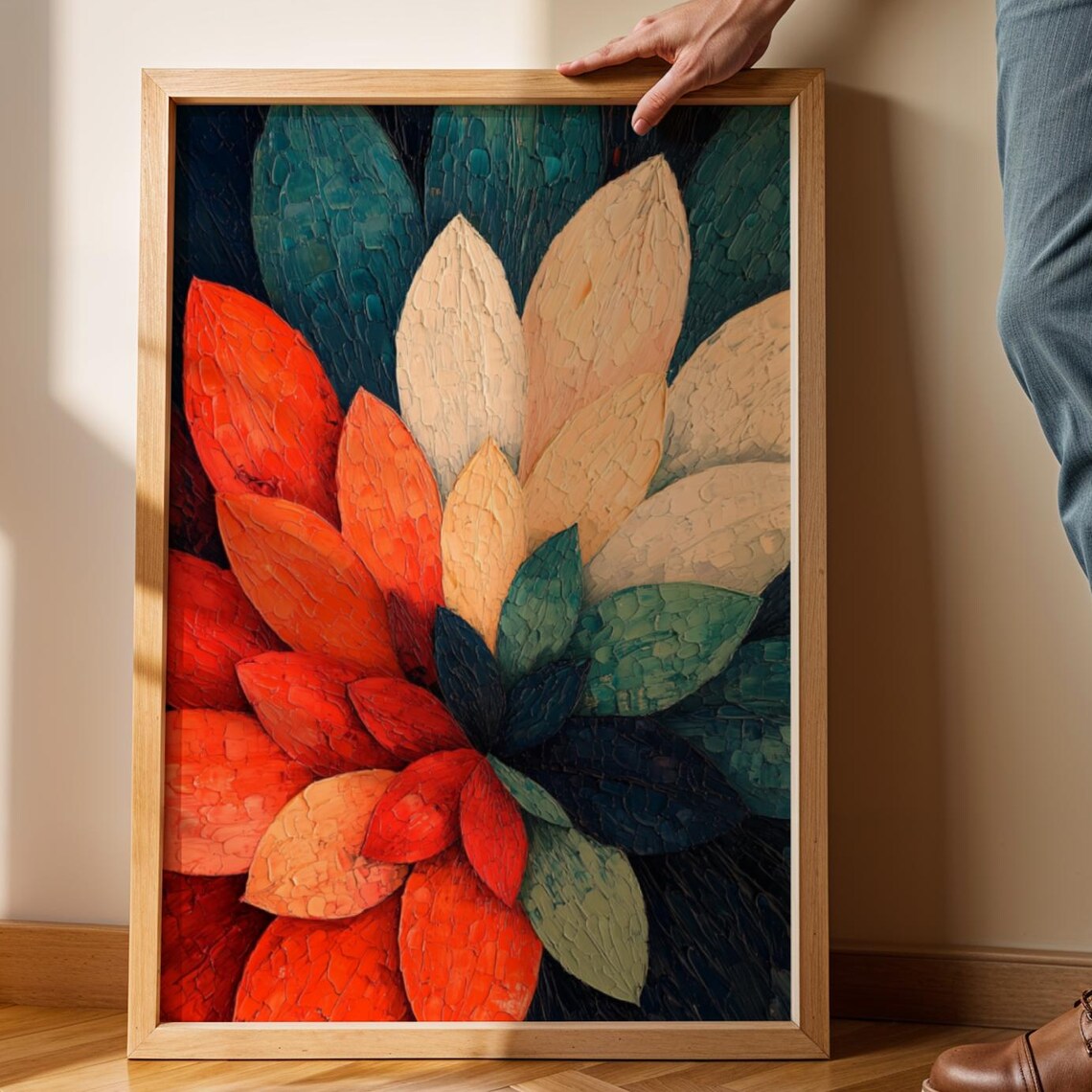 Impasto Flower Abstract Botanical Oil Painting Burnt Orange Wall Art