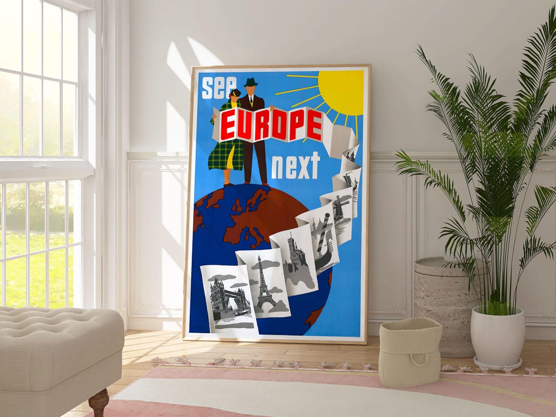 See Europe Vintage Travel Poster Globe Landmarks Map Retro Tourism Art - Image 4