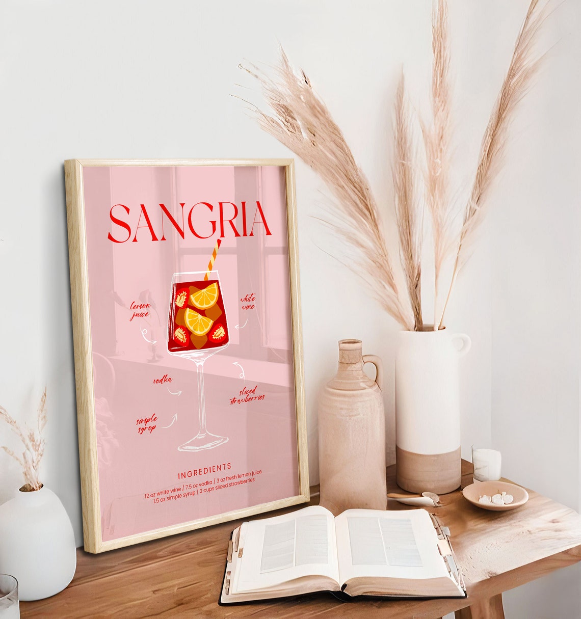 Sangria Cocktail Ingredients Recipe Elegant Pink Bar Wall Art Poster - Image 2
