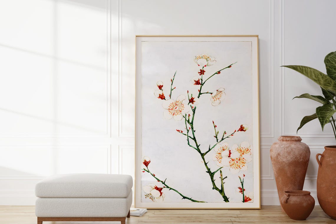 Japanese Plum Blossom Branch White Flowers Minimalist Art Print - Image 3