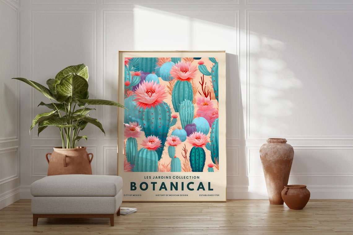 Blue Cactus Pink Flowers Mexican Botanical Les Jardins Art Poster - Image 3