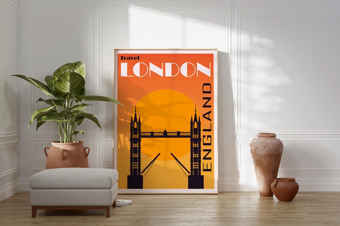 Travel London England Tower Bridge Orange Sky Retro Art Poster - Image 4