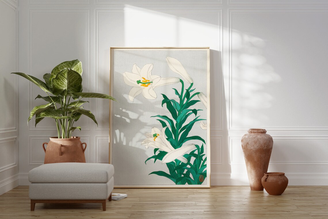 White Lilies Botanical Japanese Woodblock Ohara Koson Style Art Print - Image 3