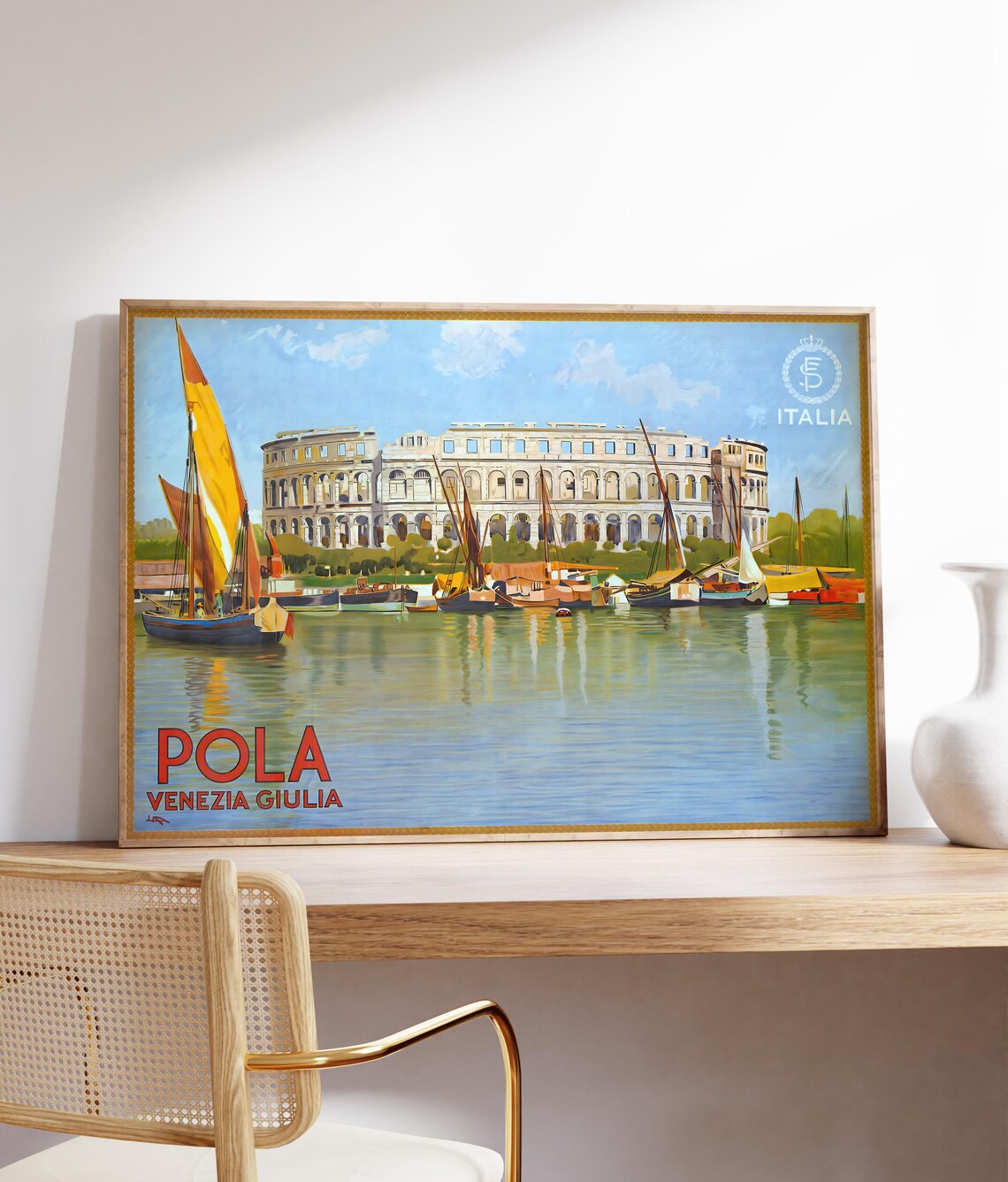 Pola Venezia Giulia Italy Travel Poster Roman Arena Harbor Boats Print