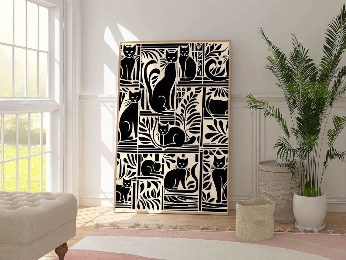 Black Cats Art Deco Pattern Silhouette Cream Animal Wall Art Poster - Image 3