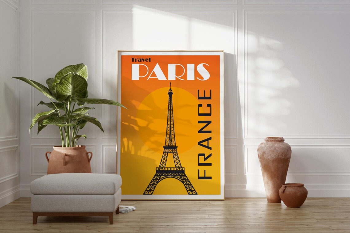 Travel Paris France Eiffel Tower Orange Sun Minimalist Poster - Image 4