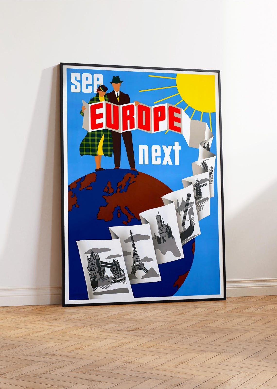 See Europe Vintage Travel Poster Globe Landmarks Map Retro Tourism Art - Image 3